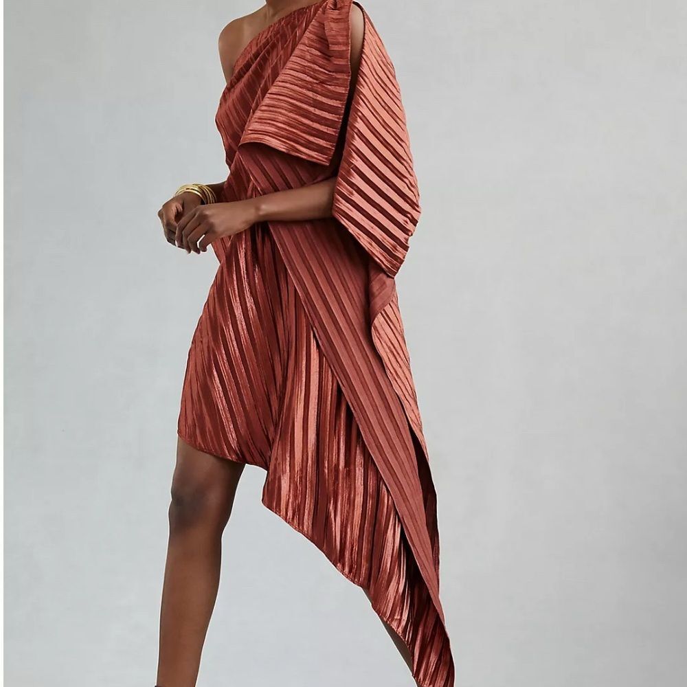 Copper One Shoulder Dress Anthropologie Guapa Mini shimmer glamour party size 8 - Picture 2 of 10